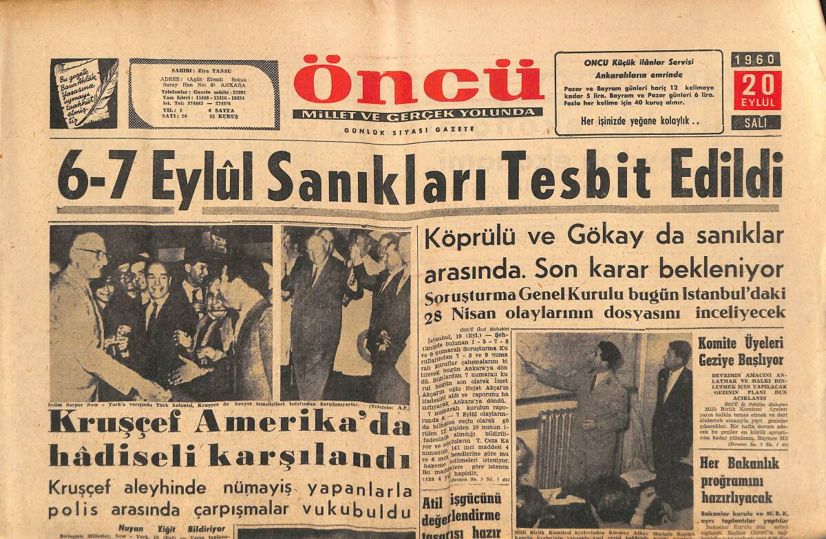 Öncü Gazetesi 20 Eylül 1960 - Kruşçef Amerika'da Hadiseli Karşılandı - Muş Yolunda Gangsterlik GZ143976 - 1