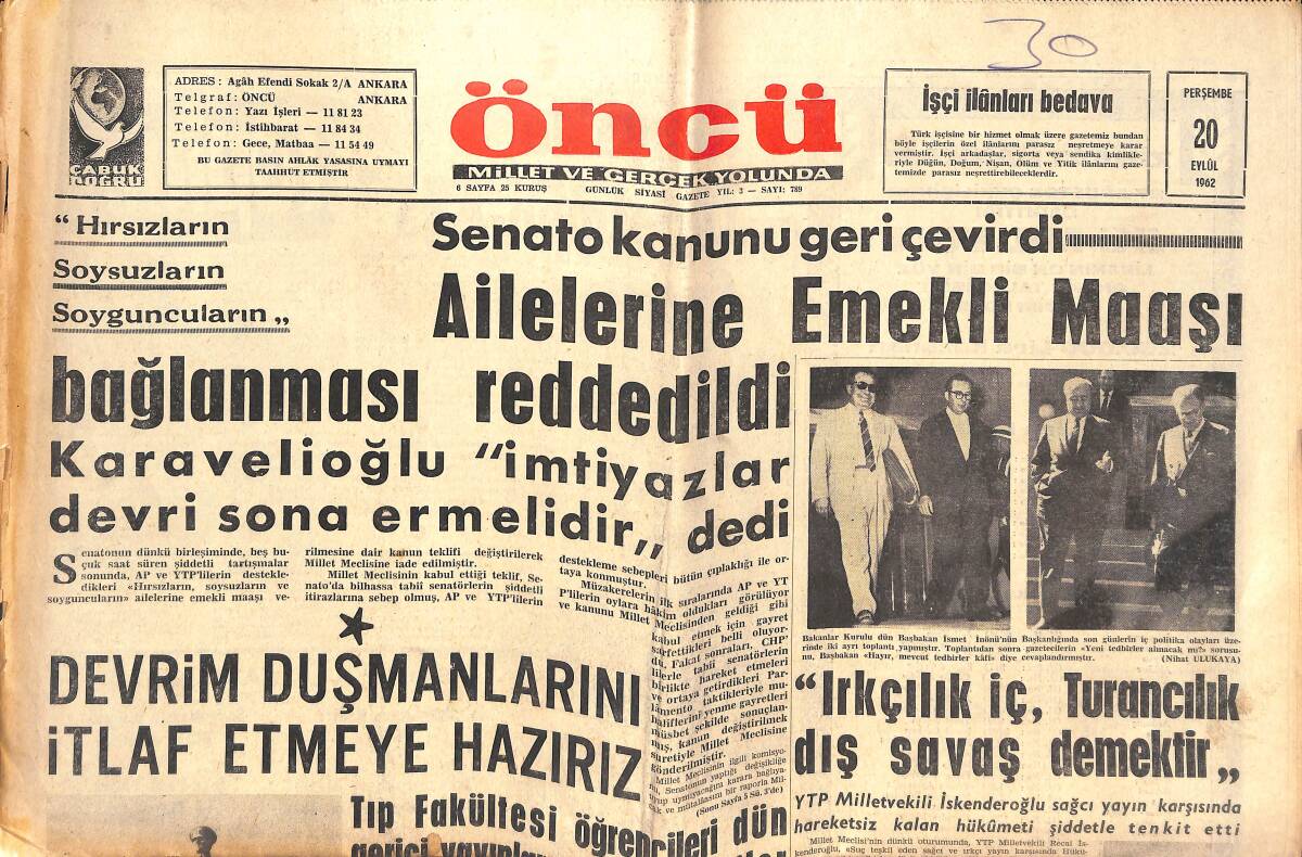 Öncü Gazetesi 20 Eylül 1962 - Özel Sektör Kurul'da Bozguna Uğradı - Beşiktaşlı Güven De Milli Takıma Alınıyor GZ144099 - 1