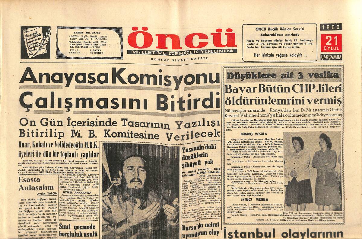 Öncü Gazetesi 21 Eylül 1960 - Urla'da Petrol Kokan Çamur - Anayasa Komisyonu Çalışmasını Bitirdi GZ143977 - 1