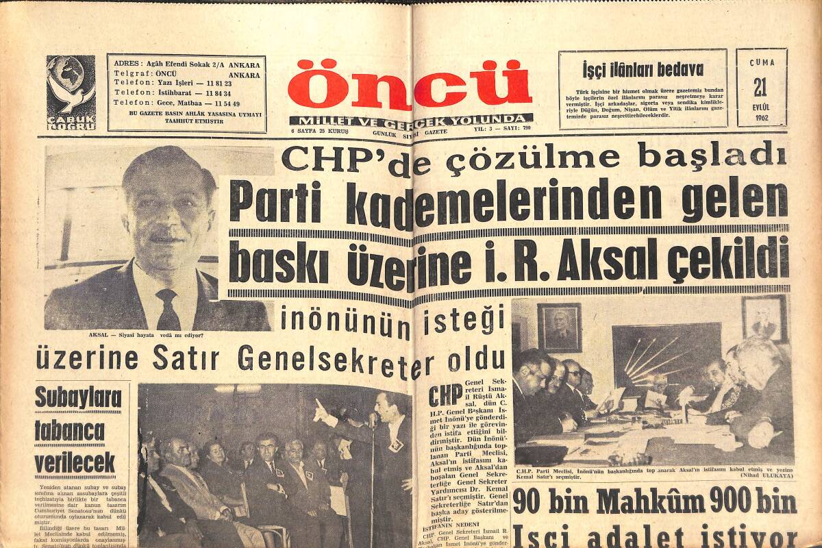 Öncü Gazetesi 21 Eylül 1962 - Beşiktaş'ta Güven Fenerbahçe'de De Lefter Bu Hafta Oynuyor - Film İşçileri de Sendika Kurdular GZ144030 - 1