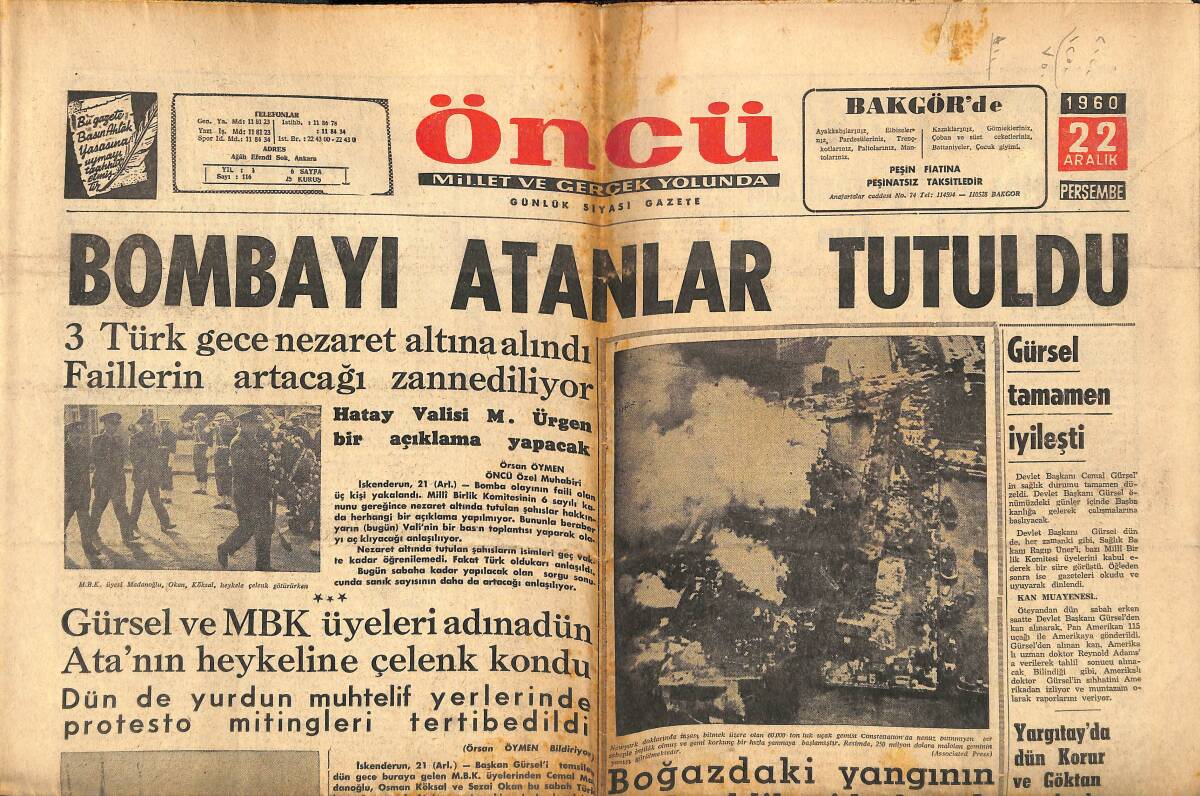 Öncü Gazetesi 22 Aralık 1960 - M.B.K. İki İdam Cezasını Tasdik Etti - Vergi Vermeyen Esnaftan Götürü Vergi Alınacak GZ143988 - 1