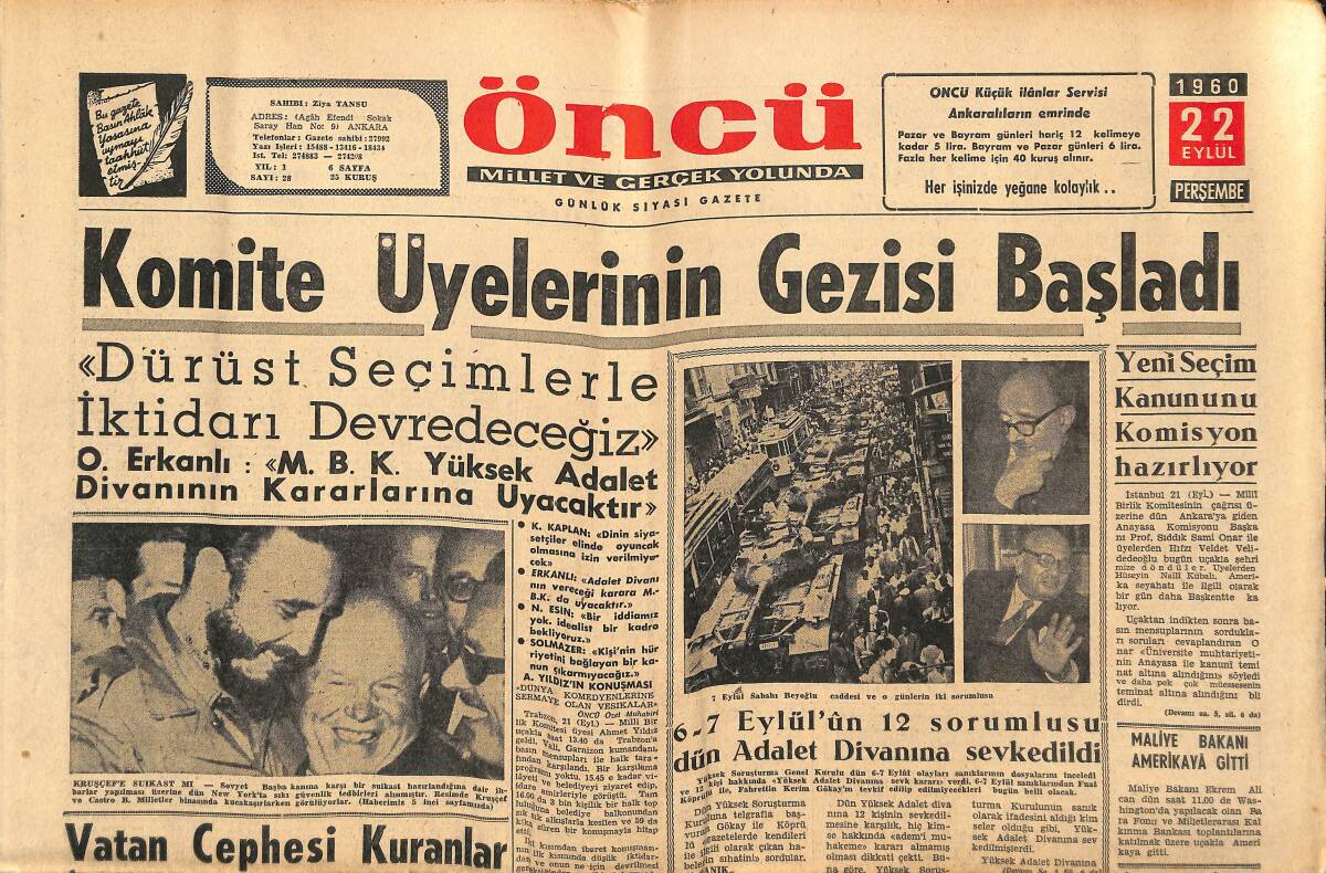 Öncü Gazetesi 22 Eylül 1960 - Komite Üyelerinin Gezisi Başladı - Safa Yalçuk'un İfadesi Alındı GZ143978 - 1