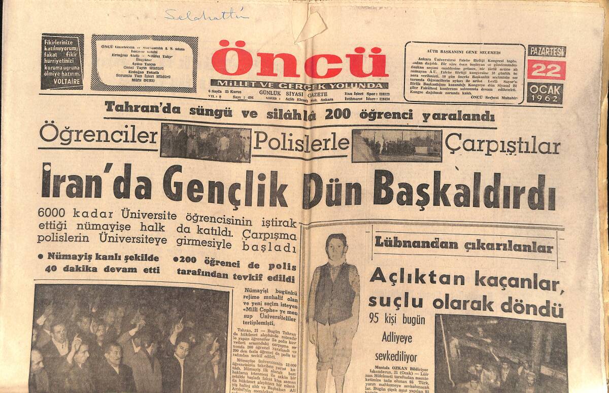 Öncü Gazetesi 22 Ocak 1962 - İran'da Gençlik Dün Başkaldırdı - Beşiktaş'la Fenerbahçe Sadece Para İçin Oynadılar GZ156641 - 1
