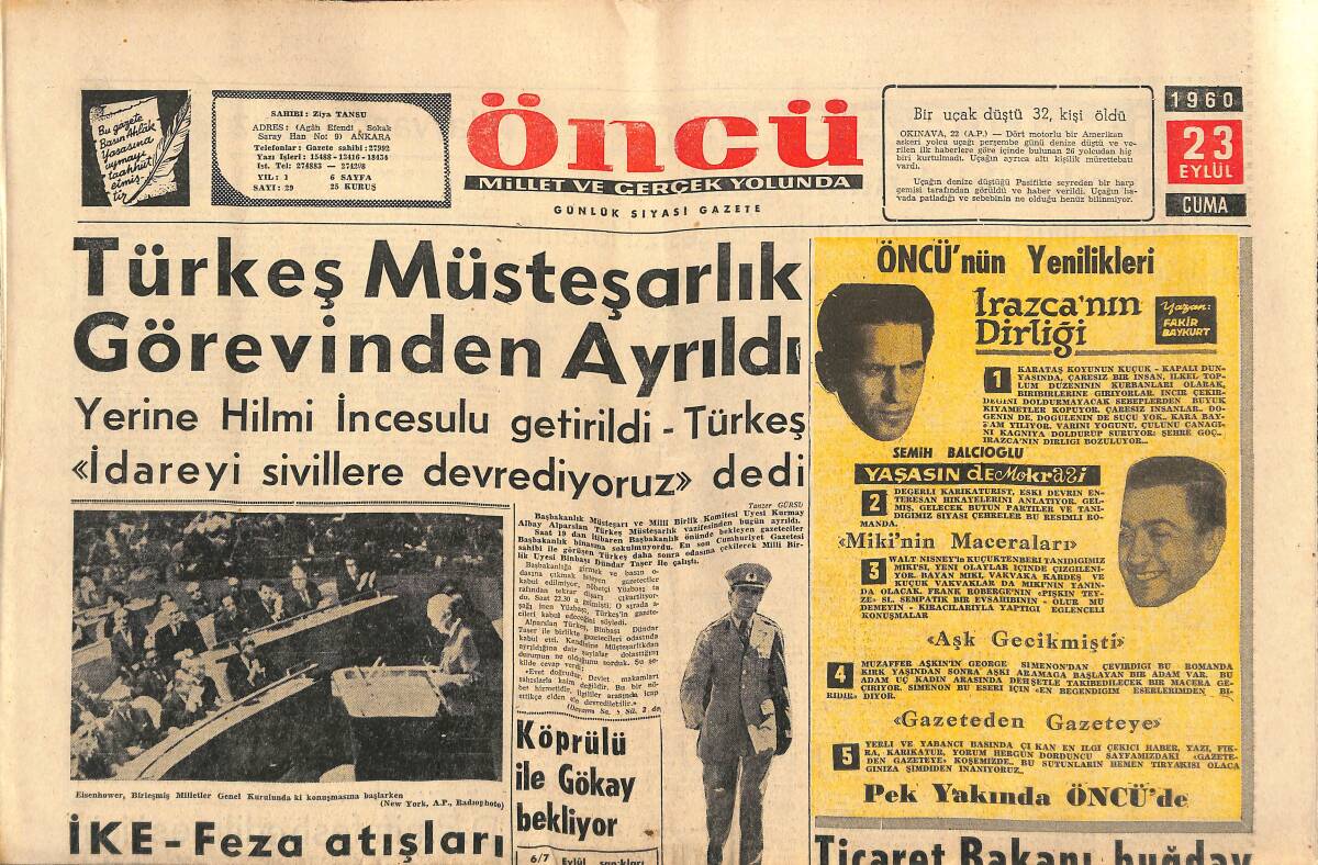 Öncü Gazetesi 23 Eylül 1960 - Türkeş Müsteşarlık Görevinden Ayrıldı - Mamak'taki Tifo Salgını GZ143979 - 1