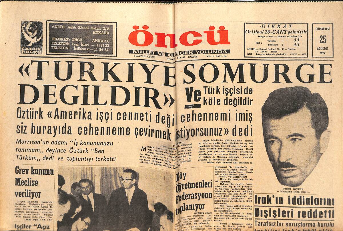 Öncü Gazetesi 25 Ağustos 1962 - Irak'ın İddialarını Dışişleri Reddetti - Ordu Terfi Listesi Dün Yayınlandı! GZ144083 - 1