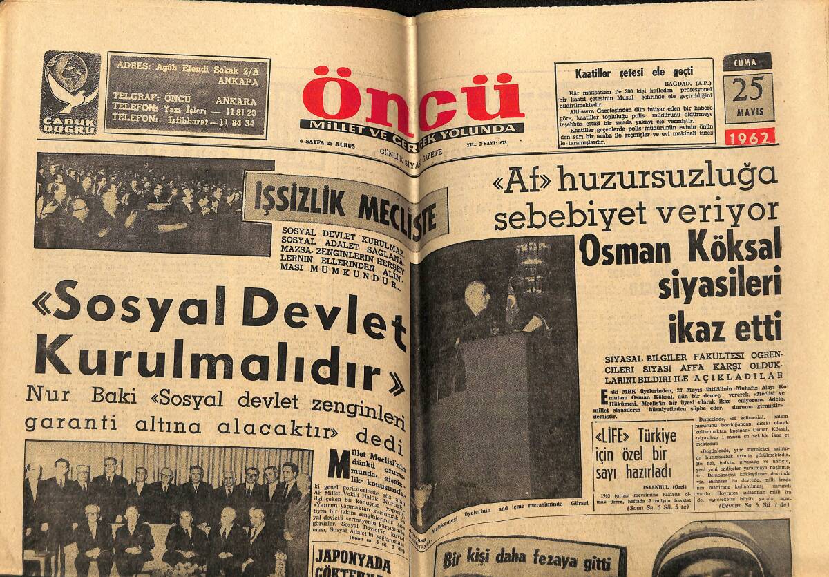 Öncü Gazetesi 25 Mayıs 1962 - Salan Müebbet Hapse Mahkum - Egesel'in Ağabeyi Affedildi GZ148776 - 1