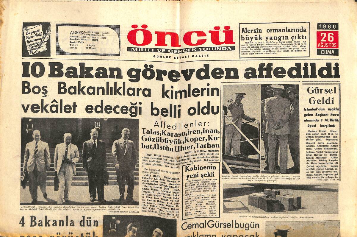 Öncü Gazetesi 26 Ağustos 1960 - Safa Yalçuk Suçsuz Olduğunu Söyledi - 10 Bakan Görevden Affedildi GZ143995 - 1