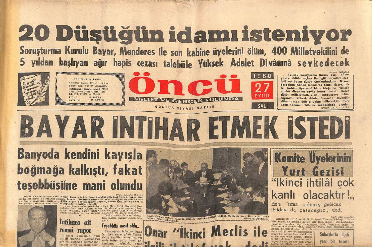 Öncü Gazetesi 27 Eylül 1960 - Bayar İntihar Etmek İstedi - Her 1000 Doğumda 165 Bebek Ölüyor GZ143983 - 1