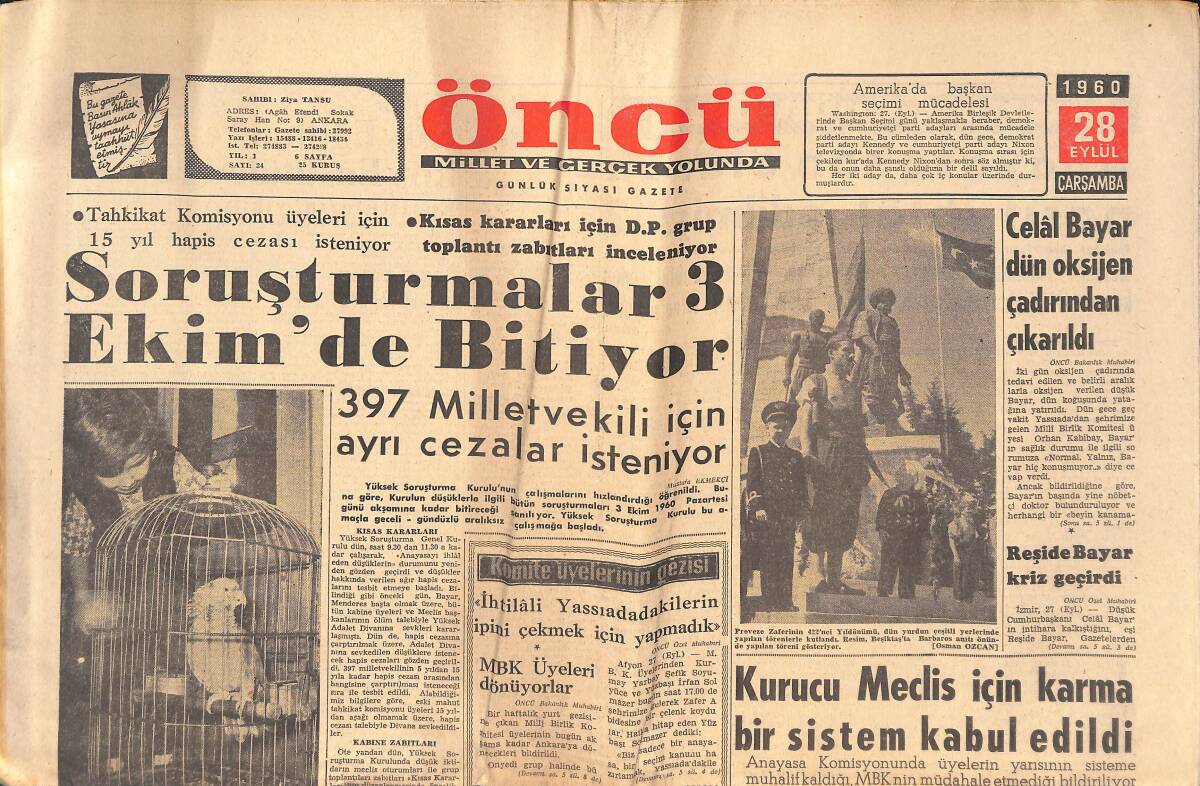 Öncü Gazetesi 28 Eylül 1960 - Kurucu Meclis İçin Karma Bir Sistem Kabul Edildi - Kruşçef Amerika'yı Yine Tehdit Ediyor! GZ144098 - 1
