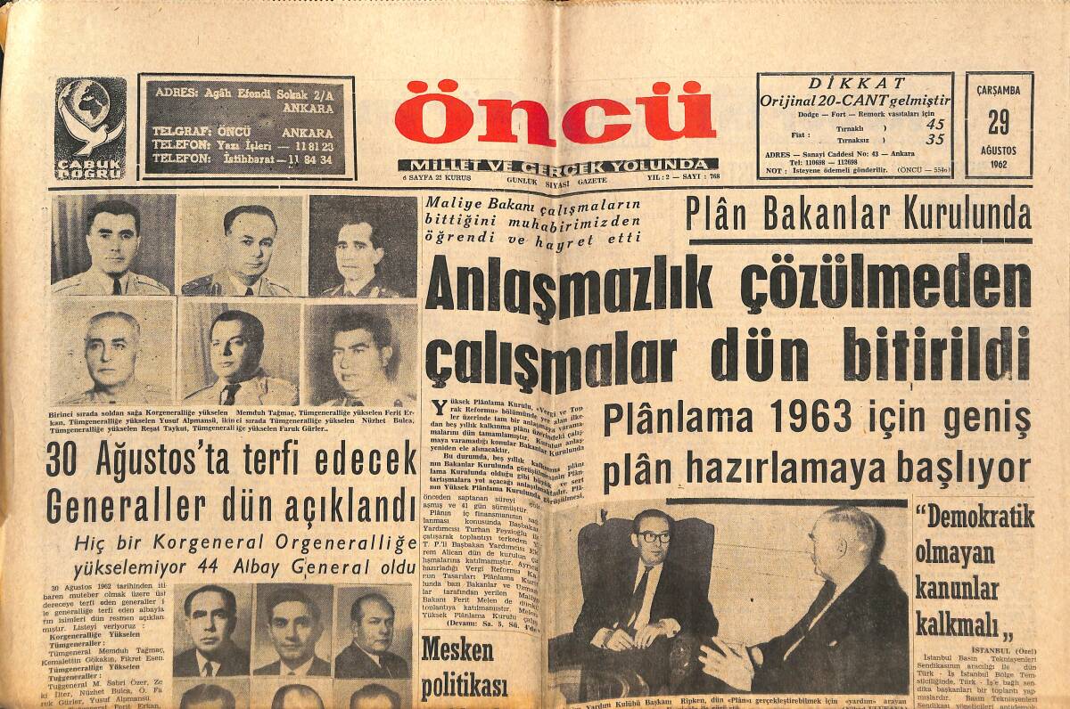 Öncü Gazetesi 29 Ağustos 1962 - Venüs Füzesi Yoluna Devam Ediyor... - Nasır , Arap Birliğinden Çekiliyor GZ144019 - 1