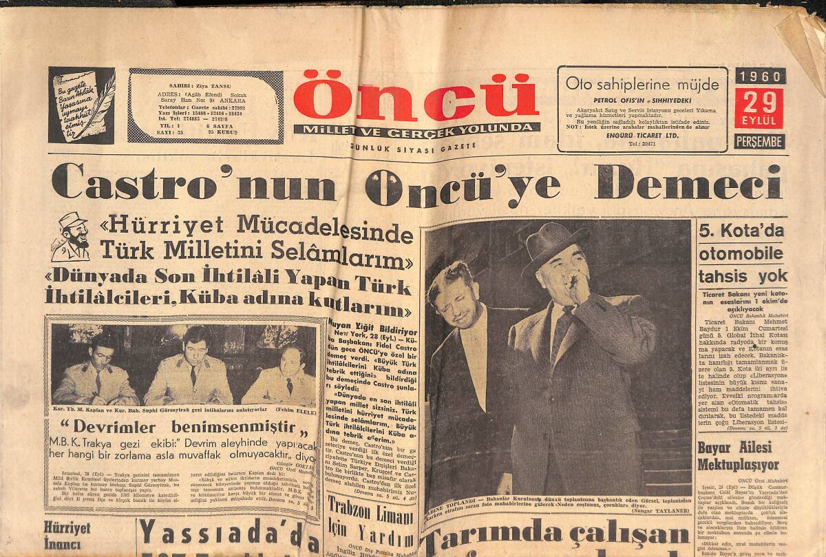 Öncü Gazetesi 29 Eylül 1960 - Castro'nun Öncü'ye Demeci - Prenses İra'nın İtirafı: Kocam Beni Mahvetti! GZ144103 - 1