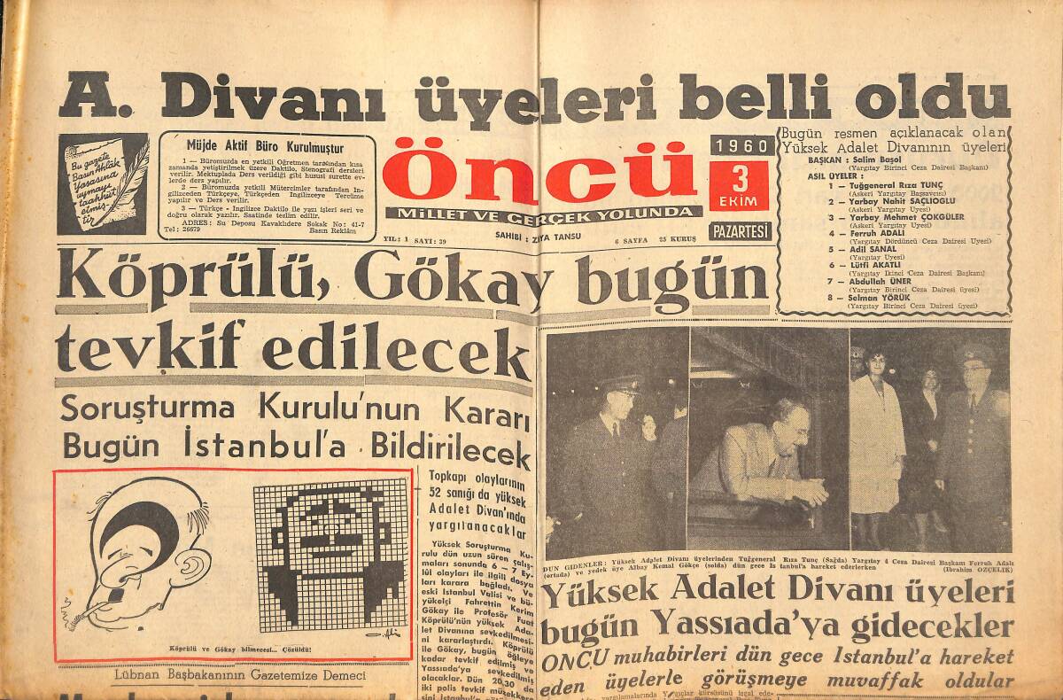 Öncü Gazetesi 3 Ekim 1960 - Köprülü , Gökay Bugün Tevkif Edilecek - Çukurova Kulübü Dün Gece Basıldı GZ144007 - 1