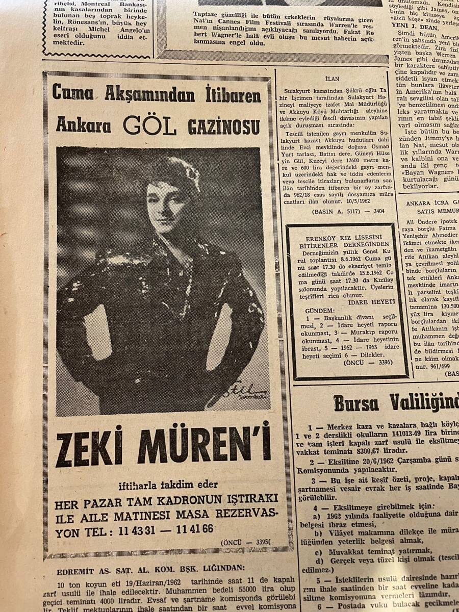 Öncü Gazetesi 3 Haziran 1962 - İnönü Yine Başbakan - Elizabeth 36'ıncı Yaşını Kutluyor - Zeki Müren Göl Gazinosu Afişi GZ143929 - 2