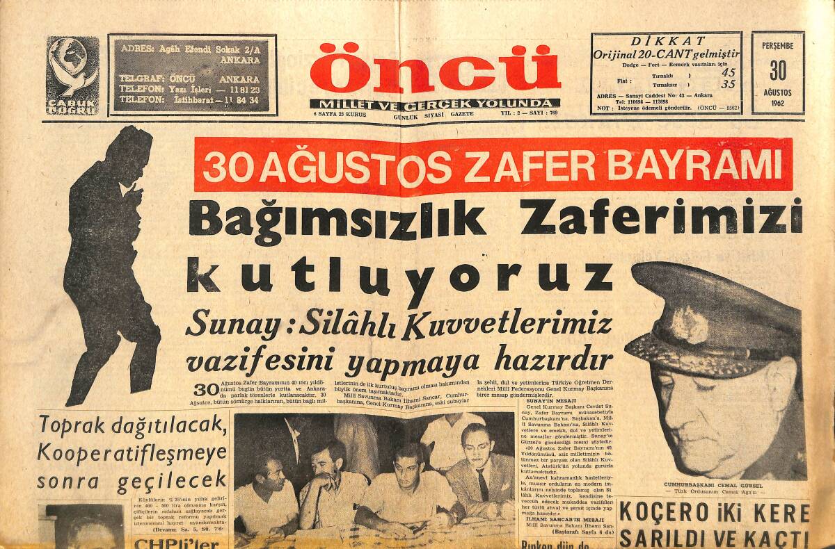 Öncü Gazetesi 30 Ağustos 1962 - Sömürücülük Cevaplandı - Palermo Dün Gece İstanbul'a Geldi GZ143836 - 1