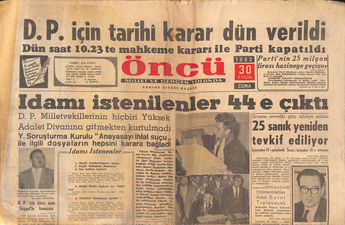 Öncü Gazetesi 30 Eylül 1960 - İdamı İstenenler 44'e Çıktı - Ziya Ozan'ın Davası Başladı! GZ144104 - 1