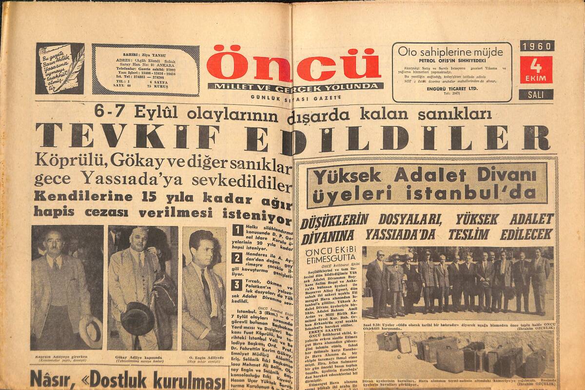Öncü Gazetesi 4 Ekim 1960 - Y.Adalet Divanı Resmen Açıklandı - Cemal Gürsel Bugün İstanbul'a Gidiyor GZ144008 - 1
