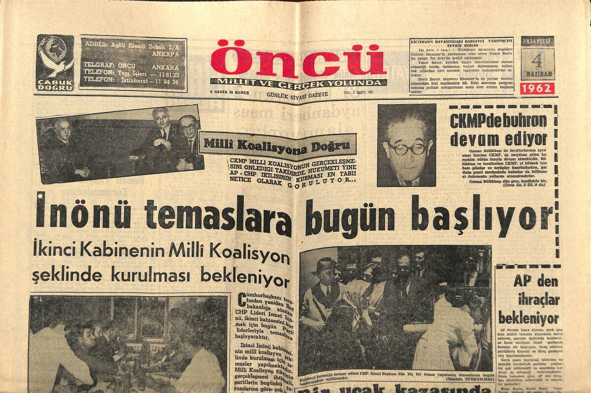 Öncü Gazetesi 4 Haziran 1962 - Sosyal Demokrat Liderler Oslo da Toplandılar - İnönü Temaslara Bugün Başlıyor GZ143991 - 1