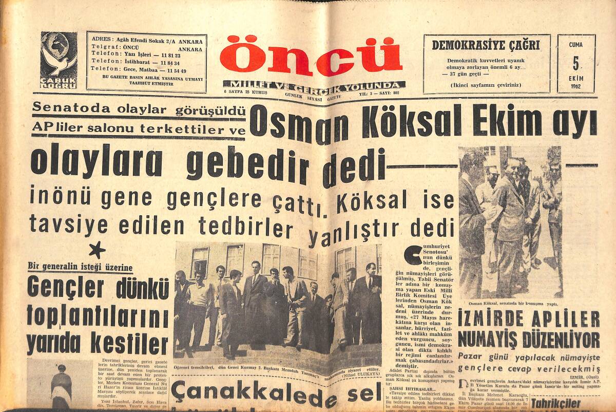 Öncü Gazetesi 5 Ekim 1962 - Osman Köksal Ekim Ayı Olaylara Gebedir Dedi - Yemende Gericiler Savaşa Hazırlanıyor! GZ144086 - 1