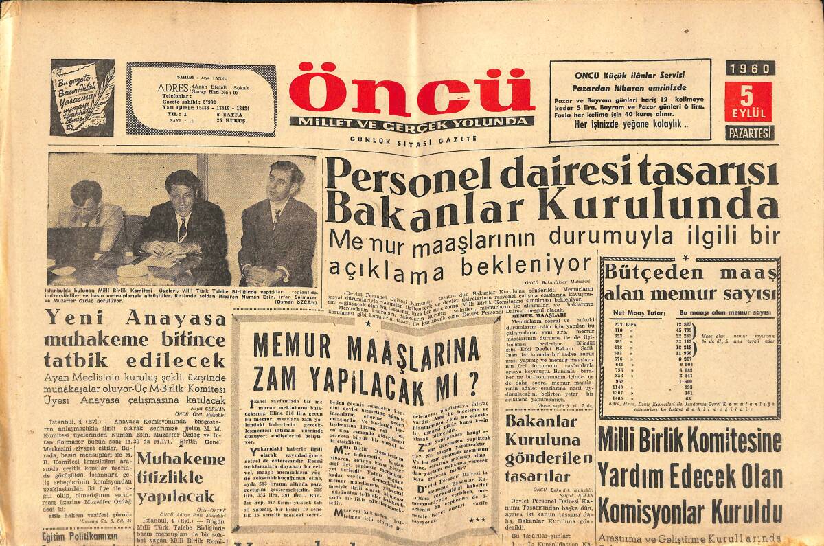 Öncü Gazetesi 5 Eylül 1960 - Celal Bayar , Kendi İsteğiyle İkinci Bir Defa İfade Verdi - Kıbrıs'ta Grev Tehdidi GZ144004 - 1