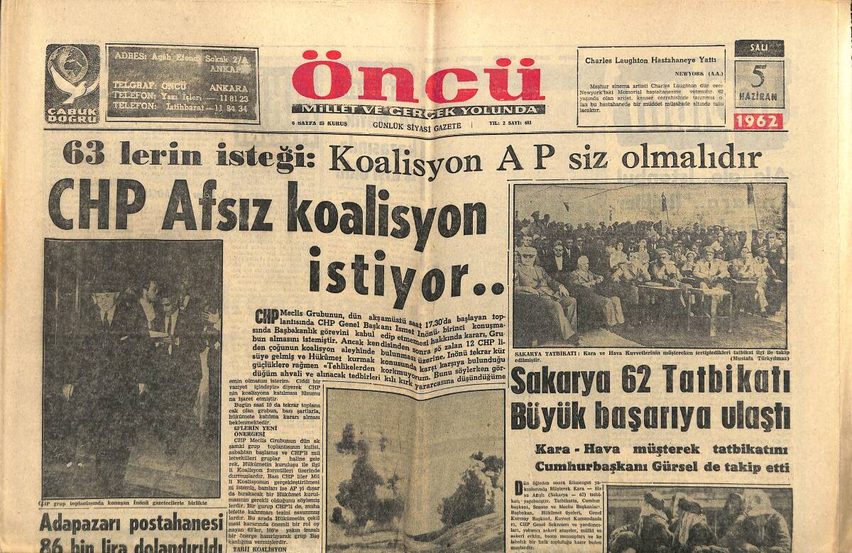 Öncü Gazetesi 5 Haziran 1962 - Demiryolu İşçileri Yüzde 50 Zam İstiyor - Prenses Sofia Katolik Oldu GZ143990 - 1
