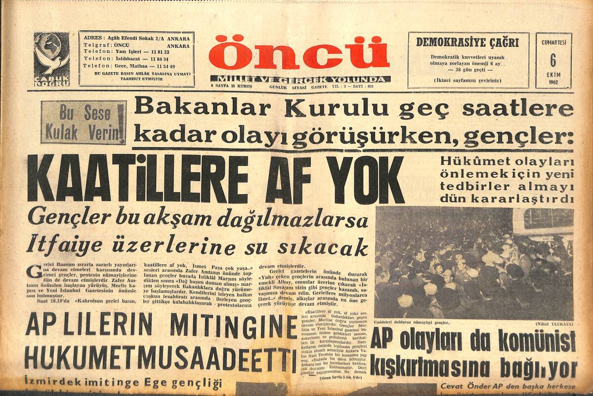 Öncü Gazetesi 6 Ekim 1962 - Mısır Yemen'e Asker Yolladı - Fransa Hükümeti Yenilgiye Uğradı GZ143924 - 1