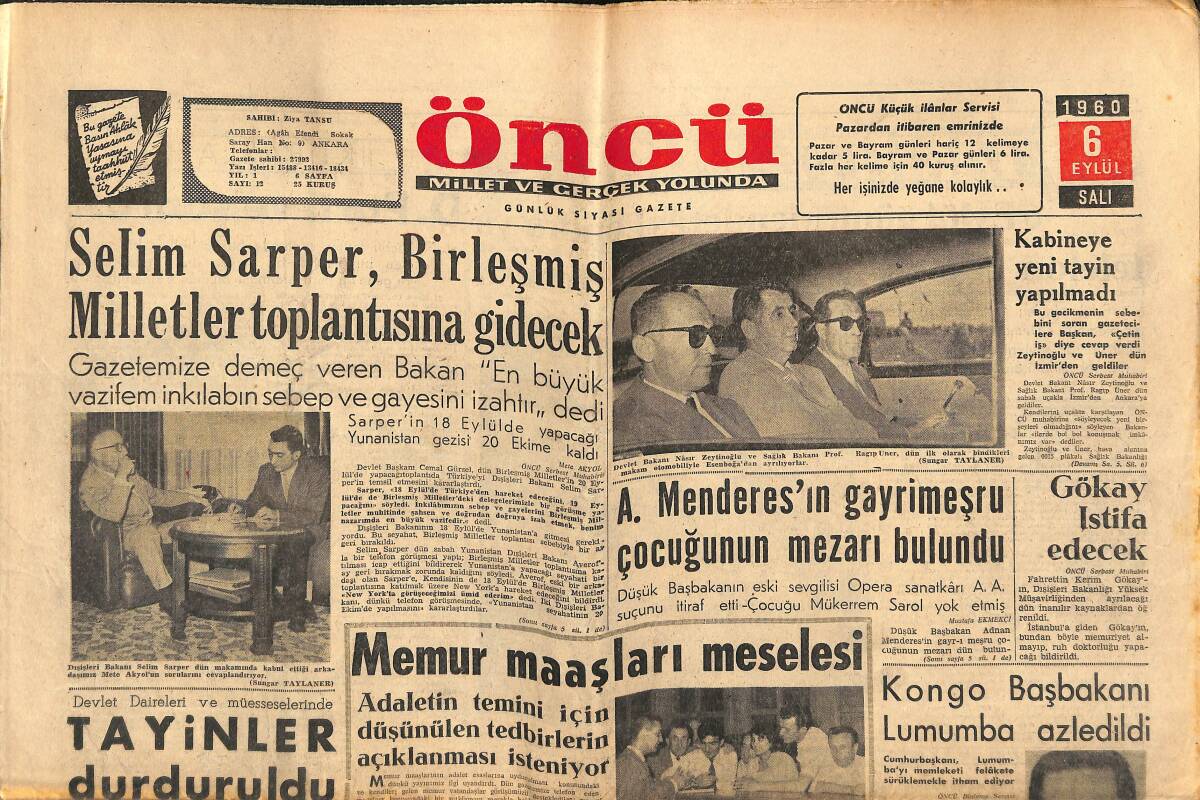 Öncü Gazetesi 6 Eylül 1960 - A.Menderes'in Gayrimeşru Çocuğunun Mezarı Bulundu - Gökay İstifa Edecek GZ144005 - 1