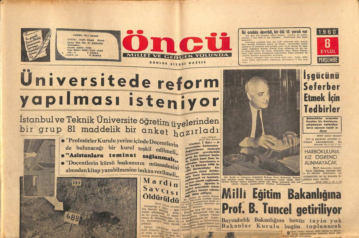 Öncü Gazetesi 8 Eylül 1960 - Tekel , Kötü Tüütnleri Mübayaa Etmeyecek - Üniversitede Reform Yapılması İsteniyor GZ143964 - 1