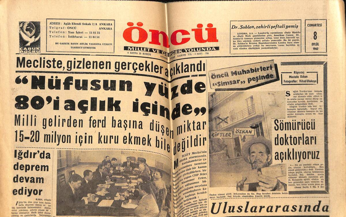 Öncü Gazetesi 8 Eylül 1962 - Galatasaray İle Dinamo Yarınki Maça Hazır - Nüfusun Yüzde 80'i Açlık İçinde GZ148922 - 1