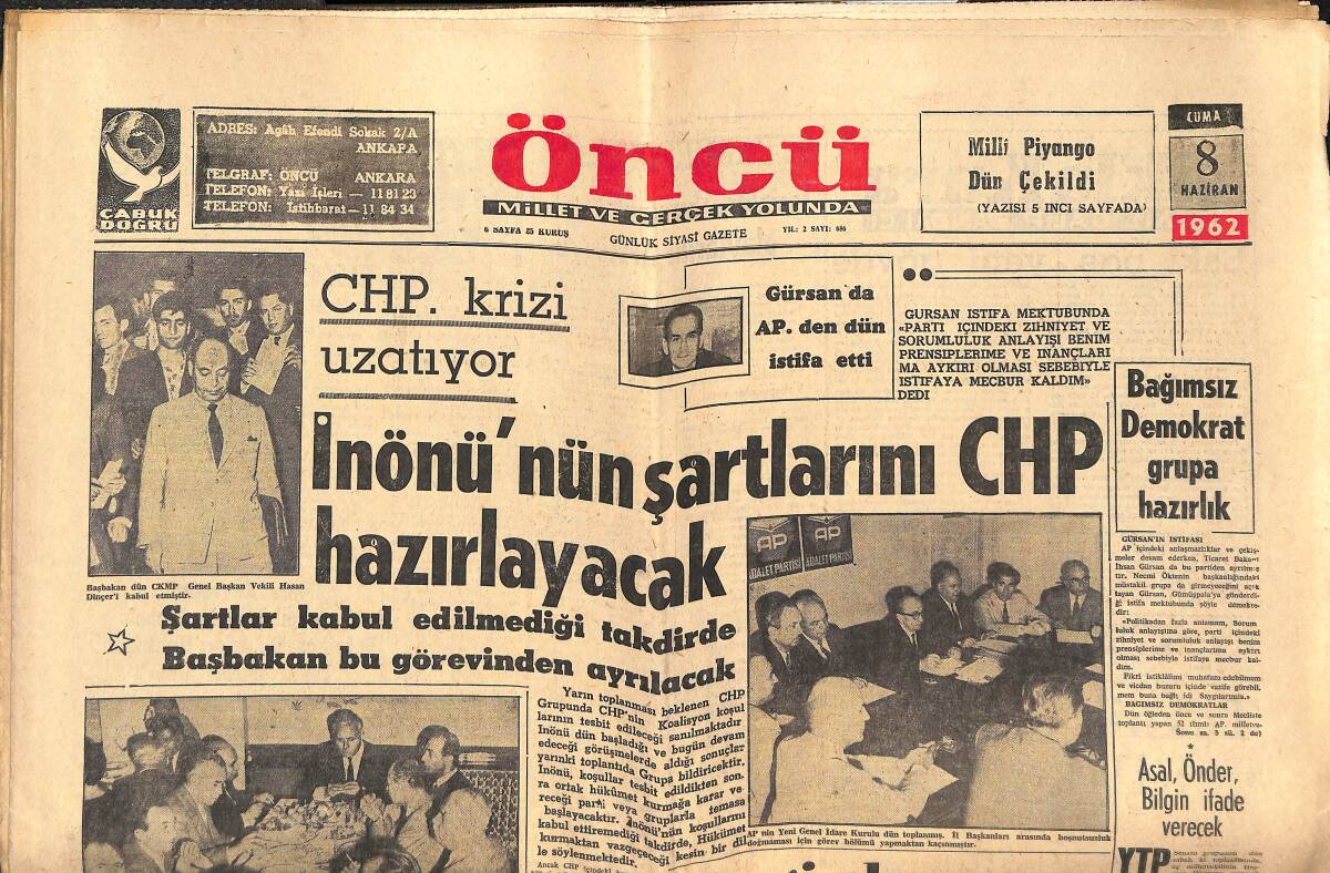 Öncü Gazetesi 8 Haziran 1962 - CHP Krizi Uzatıyor - Avrupa'nın En Güzel Prensesi Paola Emeline Ulaştı - Liz Taylor Nihayet Boşanma Davası Açtı GZ143926 - 1