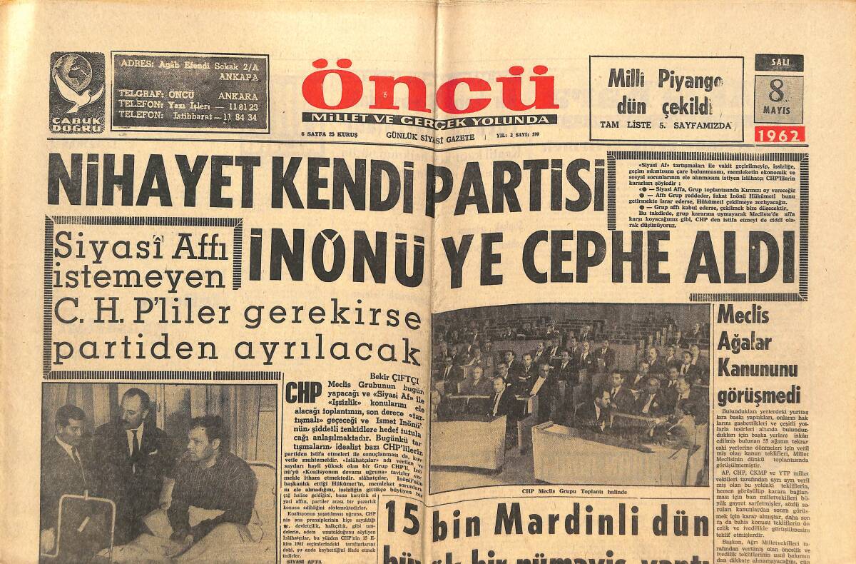 Öncü Gazetesi 8 Mayıs 1962 - Tapu Harcının Artması İstendi - Segni İtalya Cumhurbaşkanı Seçildi GZ144021 - 1