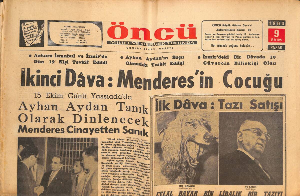 Öncü Gazetesi 9 Ekim 1960 - İkinci Dava : Menderes'in Çocuğu - Gürsel İzmir'de GZ144013 - 1