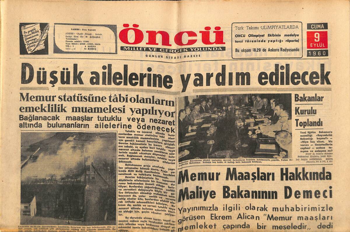 Öncü Gazetesi 9 Eylül 1960 - Menderes'e Dün Bir Davetiye Daha Çıkarıldı - Memur Maaşları Hakkında Maliye Bakanının Demeci GZ143965 - 1