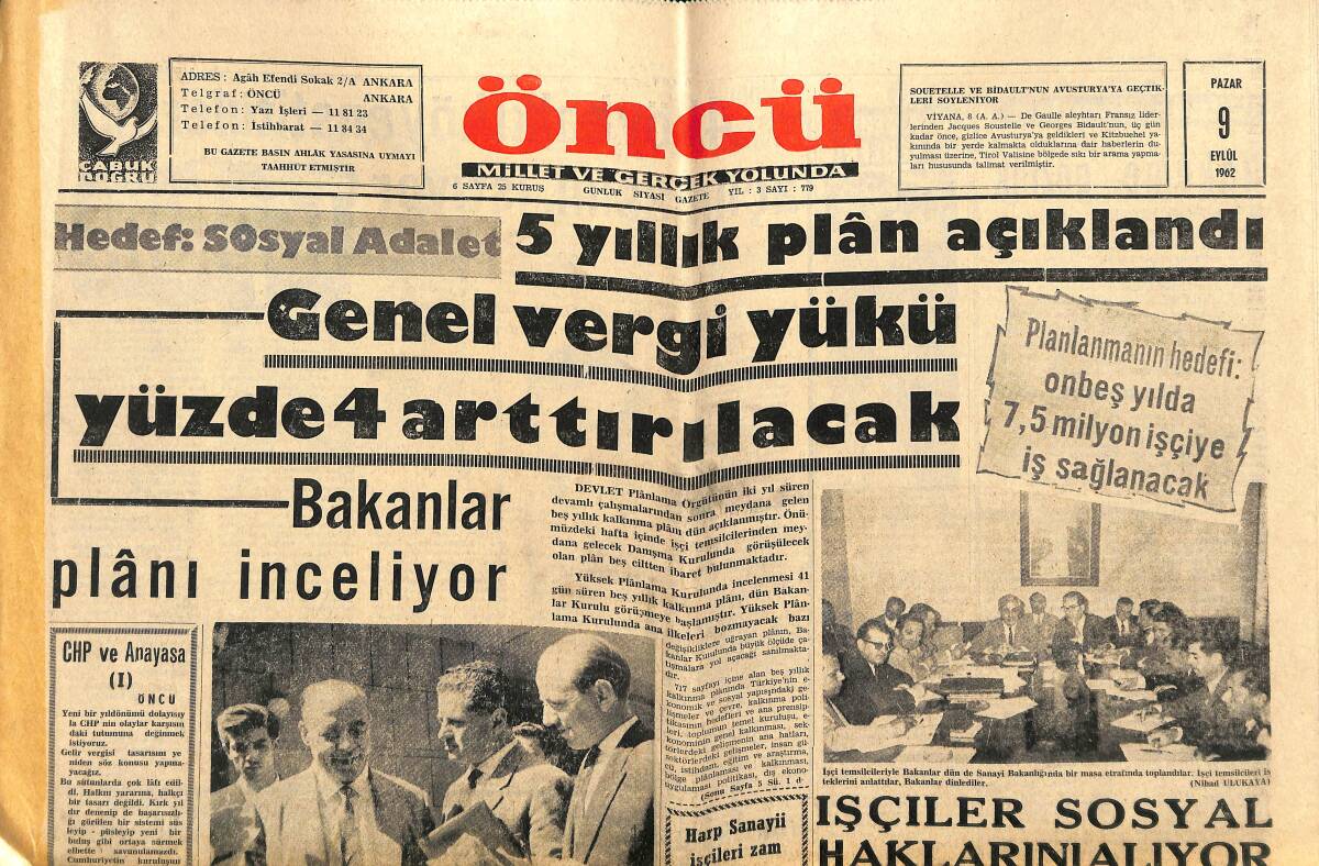 Öncü Gazetesi 9 Eylül 1962 - PTT Telefon Nakil Ücretlerini Artırdı - Bayarın Madalyası Kendisine Veriliyor GZ143994 - 1