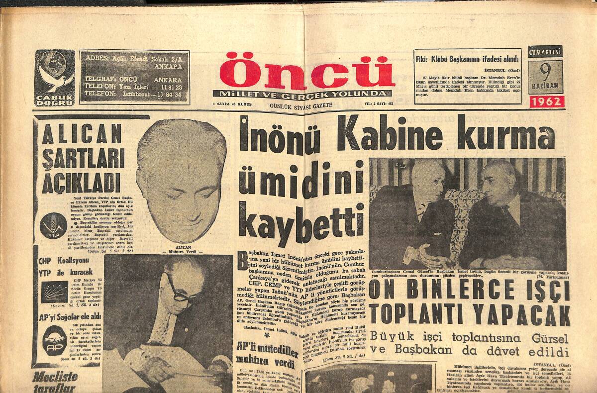 Öncü Gazetesi 9 Haziran 1962 - Liz Taylor Daha Çok Yıllar Erkekleri Deli Edecek - Grace Kelly Tekrar Beyaz Perdeye Dönecek - İnönü Kaybetti GZ143927 - 1