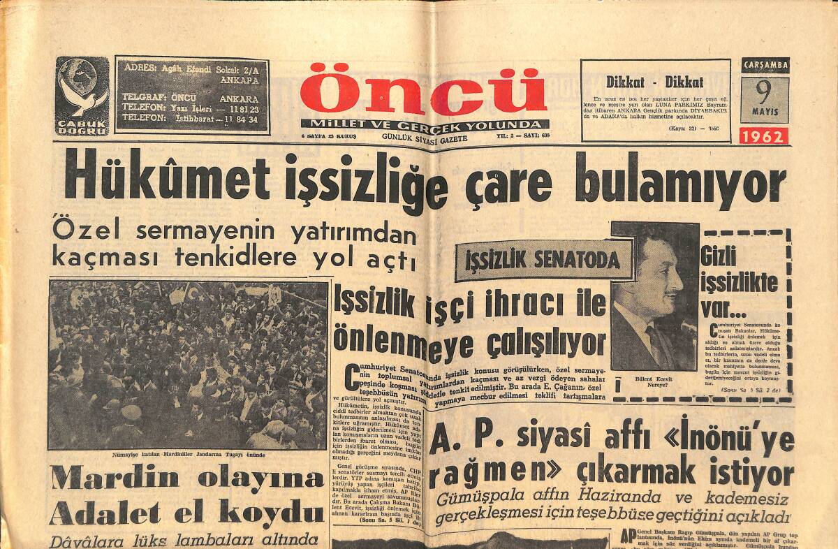 Öncü Gazetesi 9 Mayıs 1962 - Cannes Festivalinde Boccacio 70 Gösterildi - Doğudaki Ağalar Çapulculuk Yapıyor GZ144022 - 1