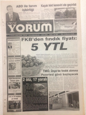 Ordu Yorum Gazetesi 15 Eylül 2006 - FKBden Fındık Fiyatı 5 YTL GZ23407 - 1