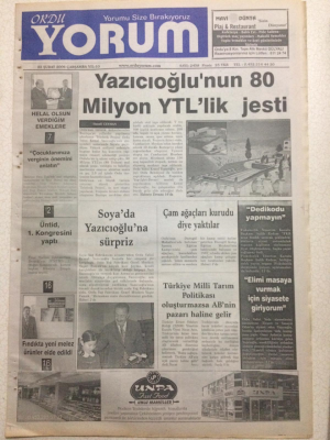 Ordu Yorum Gazetesi 22 Şubat 2006 - Yazıcıoğlunun 80 Milyon Ytllik Jesti GZ23448 - 1