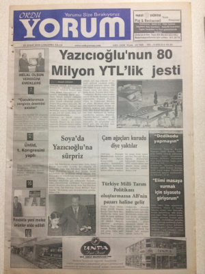 Ordu Yorum Gazetesi 22 Şubat 2006 - Yazıcıoğlunun 80 Milyon Ytllik Jesti GZ23449 - 1