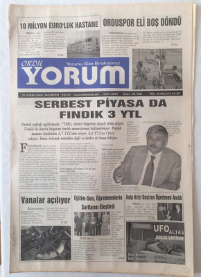 Ordu Yorum Gazetesi 27 Kasım 2006 - Serbest Piyasada Fındık 3 YTL GZ23236 - 1