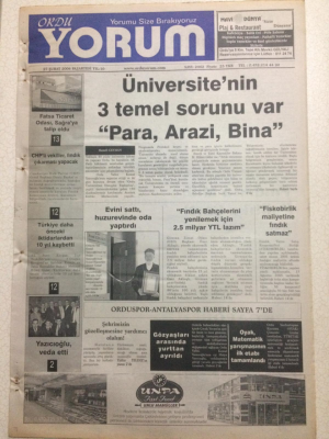 Ordu Yorum Gazetesi 27 Şubat 2006 - ÜNiversitenin Üç Temel Sorunu,Para,Arazi,Bina GZ23453 - 1