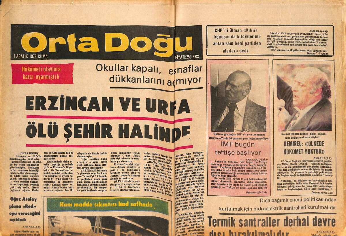 Orta Doğu Gazetesi 1 Aralık 1978 - Erzincan Ve Urfa Ölü Şehir Halinde - Süleyman Demirel: Ülkede Hükümet Yoktur! GZ139469 - 1