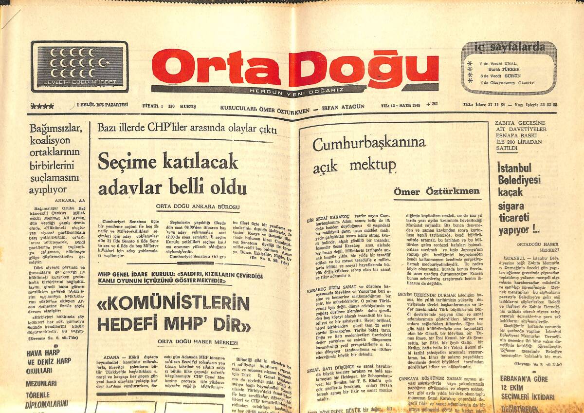 Orta Doğu Gazetesi 1 Eylül 1975 - Komünistlerin Hedefi MHP'dir - İstanbul Belediyesi Kaçak Sigara Ticareti Yapıyor GZ143883 - 1