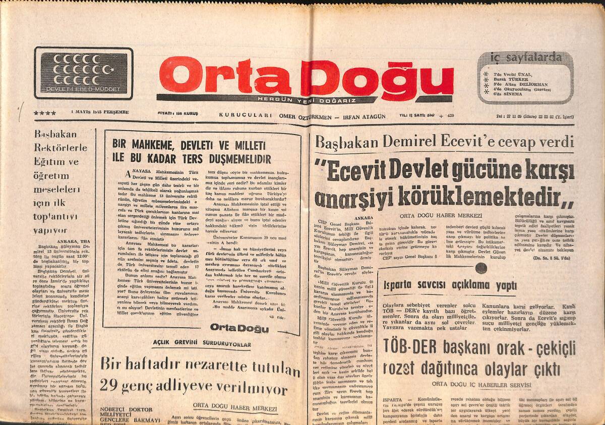 Orta Doğu Gazetesi 1 Mayıs 1975 - Süleyman Demirel: Ecevit Devlet Gücüne Karşı Anarşiyi Körüklemektedir! - TİP Yeniden Kuruldu! GZ139198 - 1
