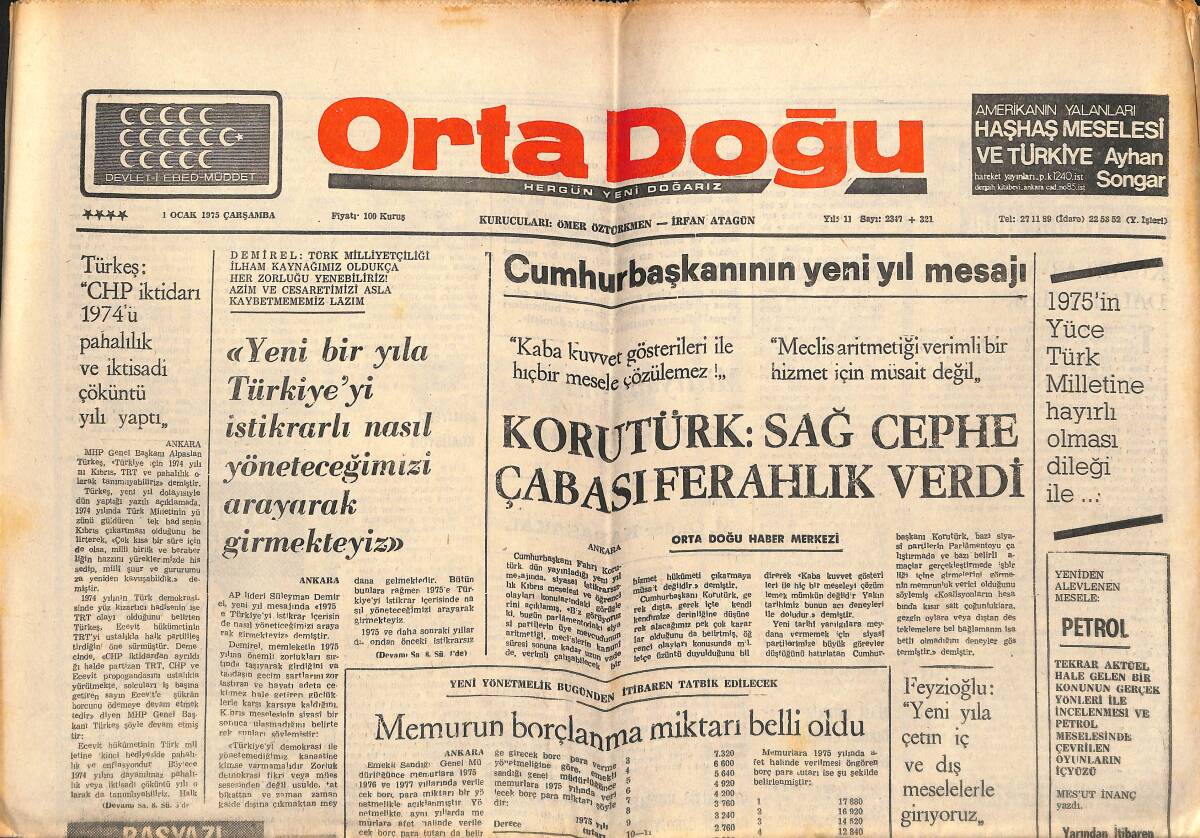 Orta Doğu Gazetesi 1 Ocak 1975 - TBMM Yarın 4 İlde Ki Sıkıyönetimi Görüşecek! - Feyzioğlu: Yeni Yıla Çetin İç Ve Dış Meselelerle Giriyoruz! GZ139314 - 1