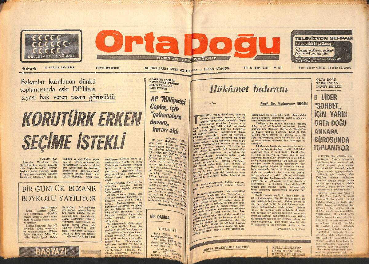 Orta Doğu Gazetesi 10 Aralık 1974 - Fahri Korutürk Erken Seçime İstekli - AP Milliyetçi Cephe, İçin Çalışmalara Devam Kararı Aldı! GZ139200 - 1