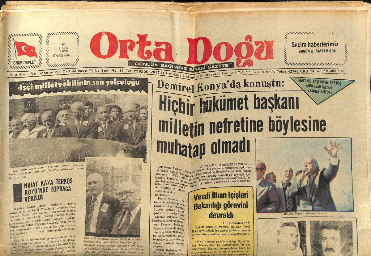 Orta Doğu Gazetesi 10 Ekim 1979 - Nihat Kaya Terkos Köyünde Toprağa Verildi - Arabistan'a İşçi Gönderen Şebeke Yakalandı GZ139178 - 1