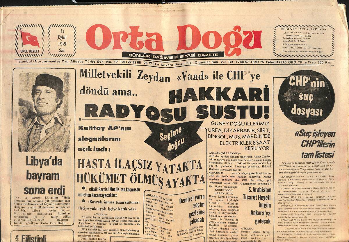 Orta Doğu Gazetesi 11 Eylül 1979 - Hakkari Radyosu Sustu! - Suç İşleyen CHP'LİLERİN Tam Listesi! GZ139365 - 1