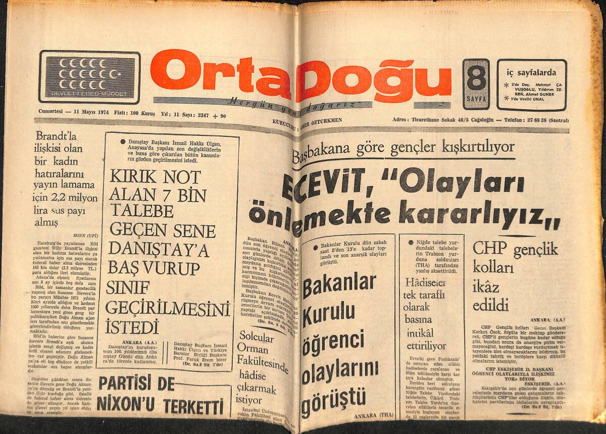 Orta Doğu Gazetesi 11 Mayıs 1974 - Partisi De Nixon'u Terk Etti - Keban Barajı Çevresinde 10 Gündür Deprem Oluyor GZ148880 - 1
