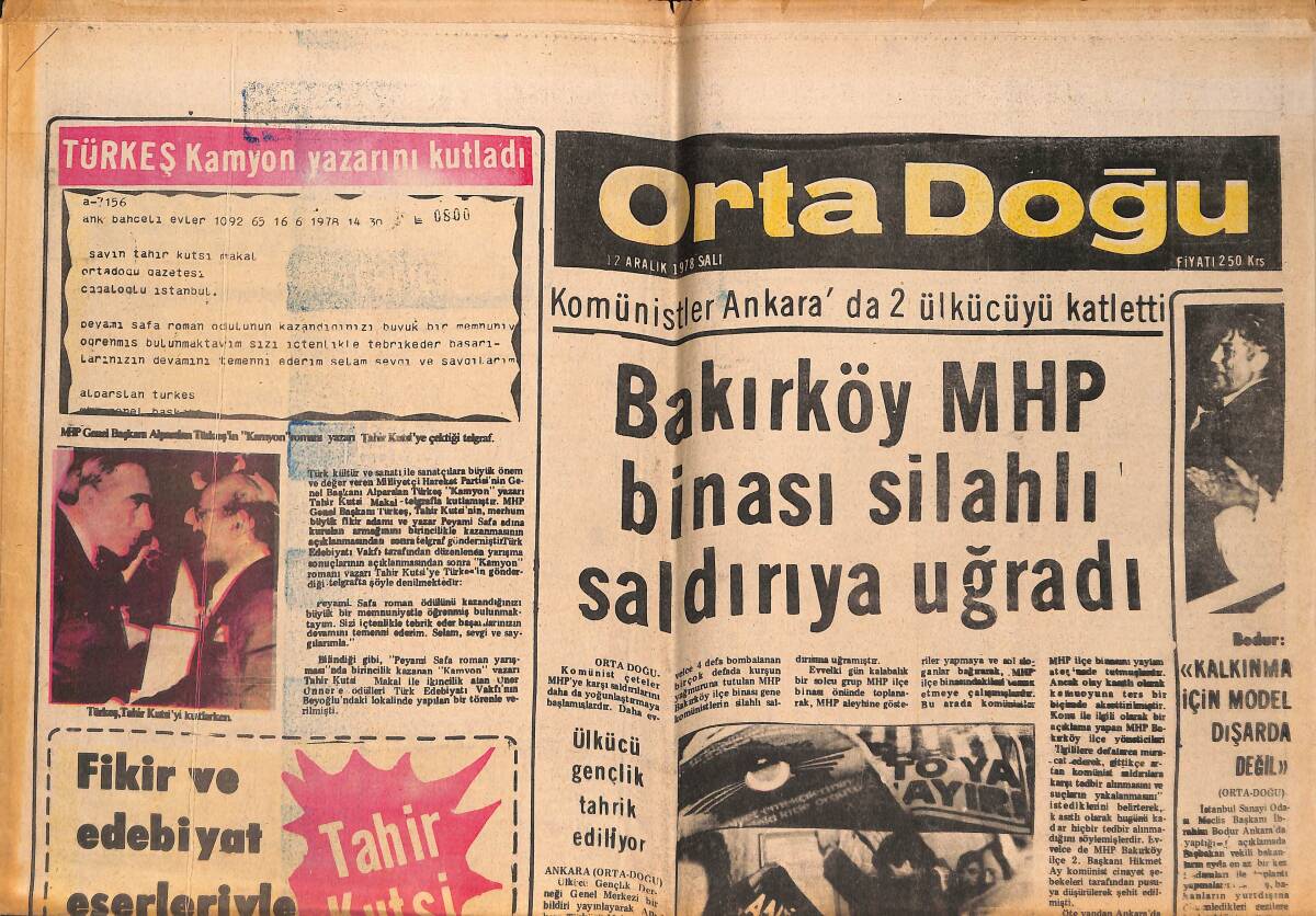 Orta Doğu Gazetesi 12 Aralık 1978 - Bakırköy MHP Binası Silahlı Saldırıya Uğradı! - Ülkücü Gençlik Tahrik Ediliyor! GZ139405 - 1
