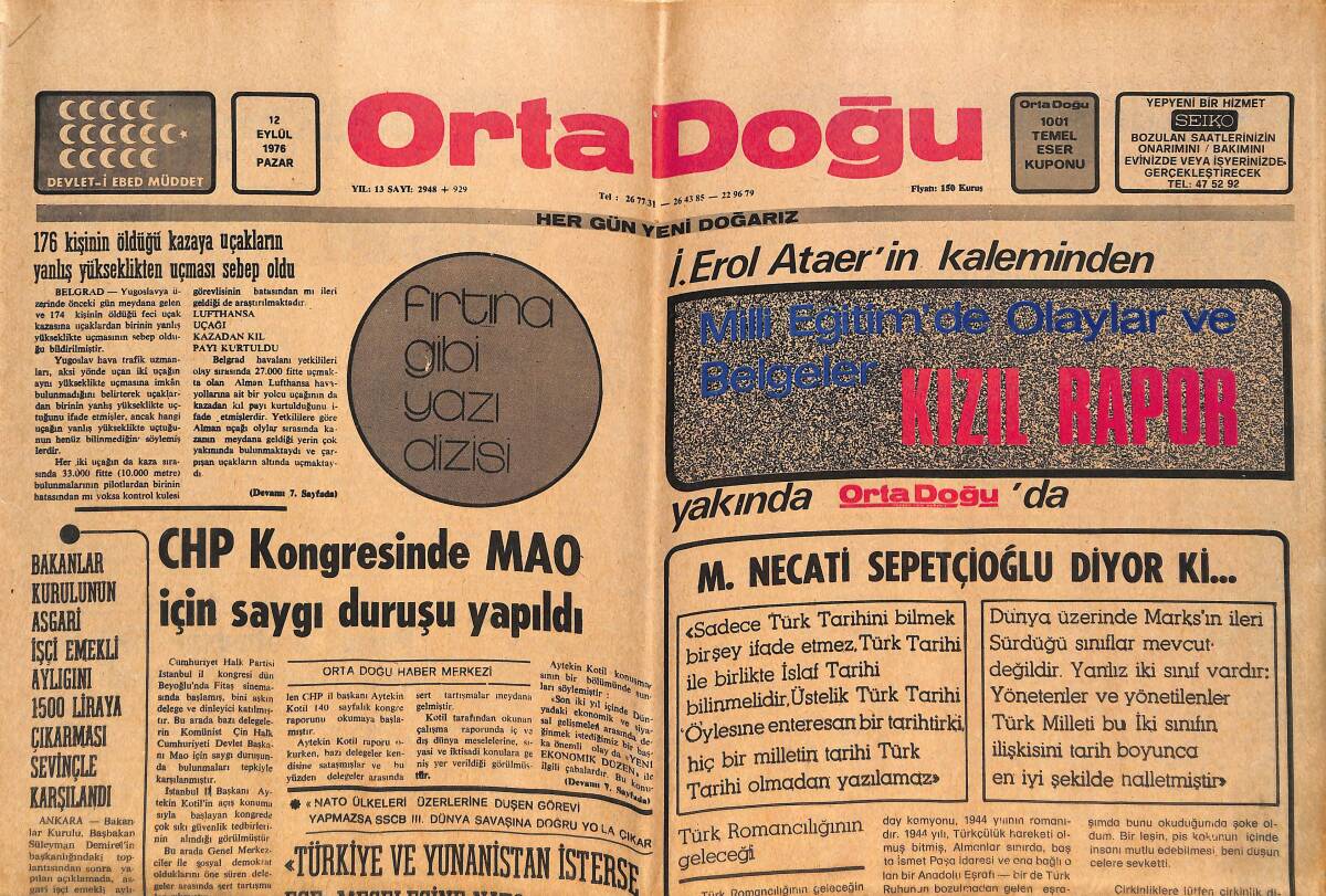Orta Doğu Gazetesi 12 Eylül 1976 - CHP Kongresinde MAO İçin Saygı Duruşu Yapıldı GZ143735 - 1